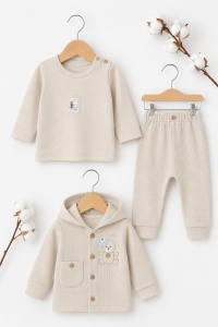 Set bebe 3 piese bej din bumbac cu hanorac bluza si pantaloni pentru bebelusi - Img 3