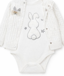 Set bebe 3 piese bumbac alb cu iepuras, body pantaloni hanorac - Img 4