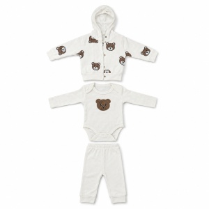 Set bebe 3 piese din bumbac alb cu ursuleti, hanorac cu gluga, body si pantaloni - Img 4