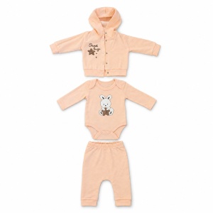 Set bebe 3 piese din bumbac piersica cu hanorac cu gluga, body si pantaloni - Img 4