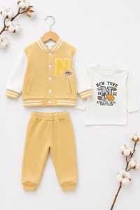 Set bebe 3 piese galben din bumbac cu bluza, jacheta college si pantaloni pentru bebelusi - Img 2