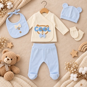 Set bebe 5 piese bumbac bleu si crem, ursulet COOL, pantaloni cu botosei integrati - Img 2