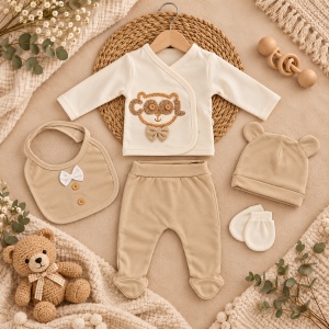 Set bebe 5 piese bumbac crem si bej, ursulet COOL, pantaloni cu botosei integrati - Img 2