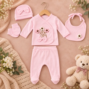 Set bebe 5 piese bumbac roz, floricele 3D si fundita, pantaloni cu botosei - Img 2