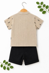 Set bebe baiat 2 piese camasa crem cu imprimeu si pantaloni scurti negri elegant - Img 3