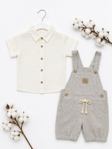 Set bebe baiat 2 piese camasa si salopeta cu bretele stil in culoare bej - Img 2