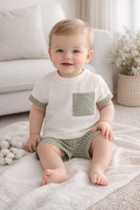 Set bebe baiat 2 piese din bumbac tricou si pantaloni scurti verzi cu dungi
