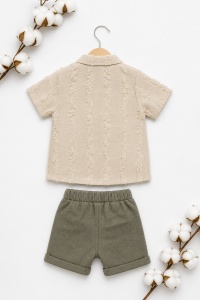 Set bebe baiat 3 piese camasa bej texturata tricou si pantaloni scurti verzi vara - Img 4