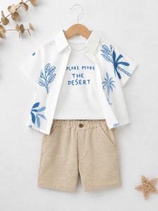 Set bebe baiat 3 piese camasa imprimeu albastru tricou si pantaloni vara - Img 2