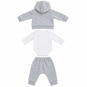 Set bebe baiat 3 piese, catifea gri, body bumbac cu pinguin, hanorac si pantaloni - Img 3