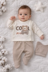 Set bebe baiat 3 piese cool bear bluza pantaloni si caciulita crem bej