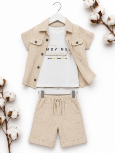 Set bebe baiat 3 piese din muselina camasa tricou si pantaloni scurti casual - Img 3