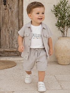 Set bebe baiat 3 piese din muselina camasa tricou si pantaloni scurti casual vara