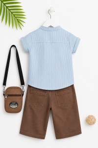 Set bebe baiat 4 piese tricou camasa pantaloni scurti si geanta casual vara - Img 4