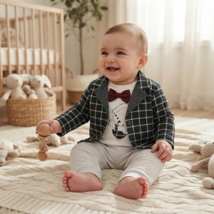 Set bebe baiat din bumbac 3 piese cu sacou in carouri, bluza cu ursulet si pantaloni