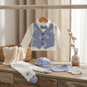 Set bebe baiat din muselina 5 piese cu vesta integrata si accesorii bleu - Img 2