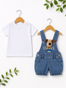 Set bebe baiat salopeta denim 2 piese – salopeta cu catel aplicat si tricou alb - Img 2