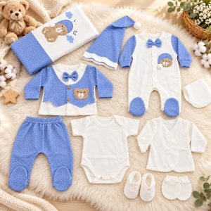 Set bebe baietel din bumbac 10 piese, alb si albastru, model cu ursulet