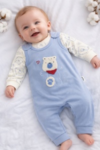 Set bebe baieti 2 piese salopeta albastra si bluza ursulet bumbac