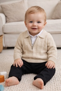 Set bebe baieti elegant camasa cardigan crem si pantaloni