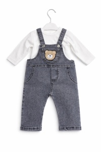 Set bebe baieti salopeta denim gri cu ursulet si bluza cu maneca lunga haine bebe - Img 4