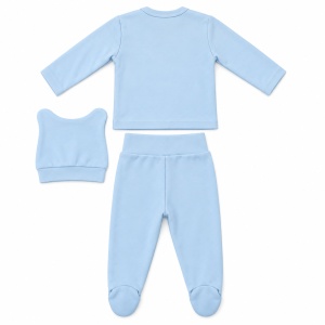 Set bebe bleu prafuit din bumbac 3 piese cu ursulet pe luna si pantaloni cu botosei - Img 3