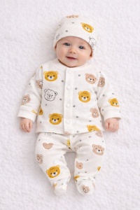 Set bebe bumbac 3 piese crem cu ursuleti bluza pantaloni si caciulita nou nascut