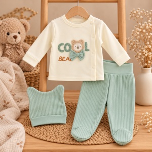 Set bebe din bumbac 3 piese crem si vernil cu ursulet, pantaloni raiati si botosei integrati - Img 2