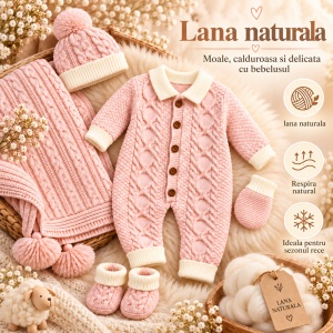 Set bebe din lana naturala, imblanit, salopeta, paturica, caciula, botosei si manusi, roz - Img 5