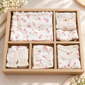 Set bebe din muselina 10 piese, crem cu imprimeu floral roz - Img 2