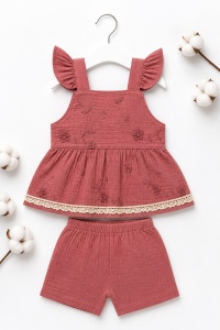 Set bebe fete 2 piese muselina premium bluza cu volane si pantaloni scurti roz pudra - Img 3