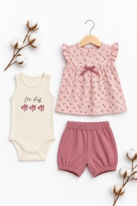 Set bebe fete 3 piese vara – body, bluza cu imprimeu si pantaloni scurti roz - Img 1