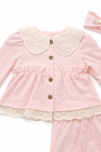 Set bebe fete roz pastel 3 piese elegant dantela bluza pantaloni bentita - Img 3
