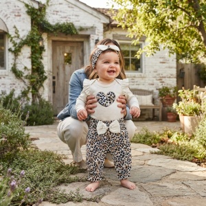 Set bebe fetita 3 piese din bumbac, body crem, pantaloni animal print si bentita