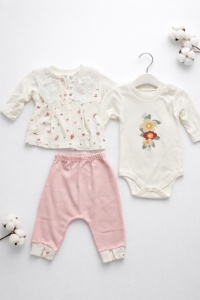 Set bebe fetita 3 piese elegant body bluza pantaloni roz floral - Img 3