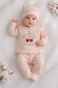 Set bebe fetita 3 piese pisicute inimioare bluza pantaloni si caciulita roz