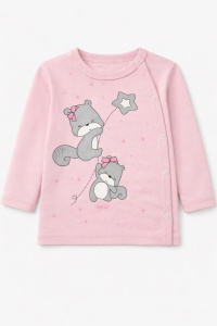 Set bebe fetita 3 piese roz bumbac bluza pantaloni cu botosei si caciulita - Img 3