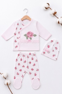Set bebe fetita 3 piese roz cu flori, dantela si broderie trandafir - Img 2