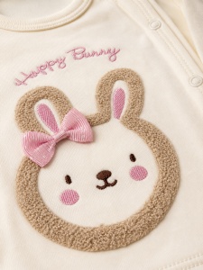Set bebe fetita 3 piese roz din bumbac cu bluza pantalon si caciulita happy bunny - Img 4