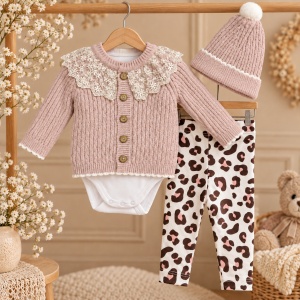 Set bebe fetita 4 piese, pulover si caciulita din lana naturala, body, pantaloni animal print, roz - Img 2
