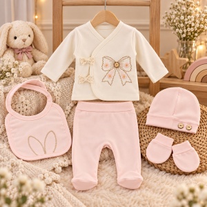 Set bebe fetita 5 piese bumbac crem si roz, fundita brodata, pantaloni cu botosei integrati - Img 2
