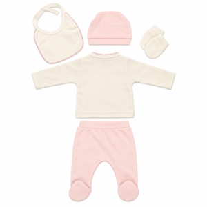 Set bebe fetita 5 piese bumbac crem si roz, Love Me, pantaloni cu botosei integrati - Img 4