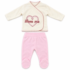 Set bebe fetita 5 piese bumbac crem si roz, Love Me, pantaloni cu botosei integrati - Img 5