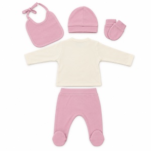 Set bebe fetita 5 piese bumbac crem si roz pudrat, fundita brodata, pantaloni cu botosei integrati - Img 5