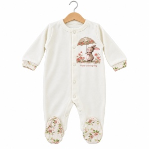 Set bebe fetita din bumbac 10 piese, crem cu flori roz si iepuras - Img 4