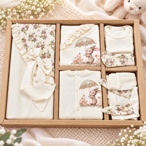 Set bebe fetita din bumbac 10 piese, crem cu imprimeu floral si iepuras - Img 2