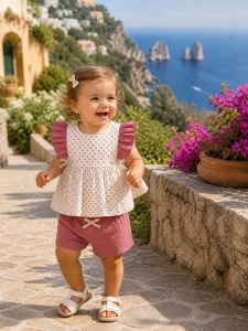 Set bebe fetita muselina 2 piese bluza cu volane si pantaloni scurti roz