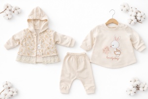 Set bebe fetite crem 3 piese hanorac bluza si pantaloni iepuras, fotografie de produs pe fundal alb