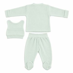 Set bebe vernil din bumbac 3 piese cu ursulet si pantalonasi cu botosei integrati - Img 4
