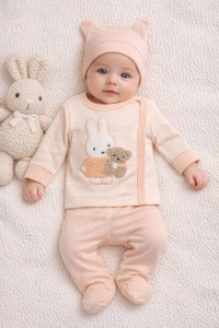 Set bebelus 3 piese bumbac cu iepuras bluza pantaloni caciula piersica